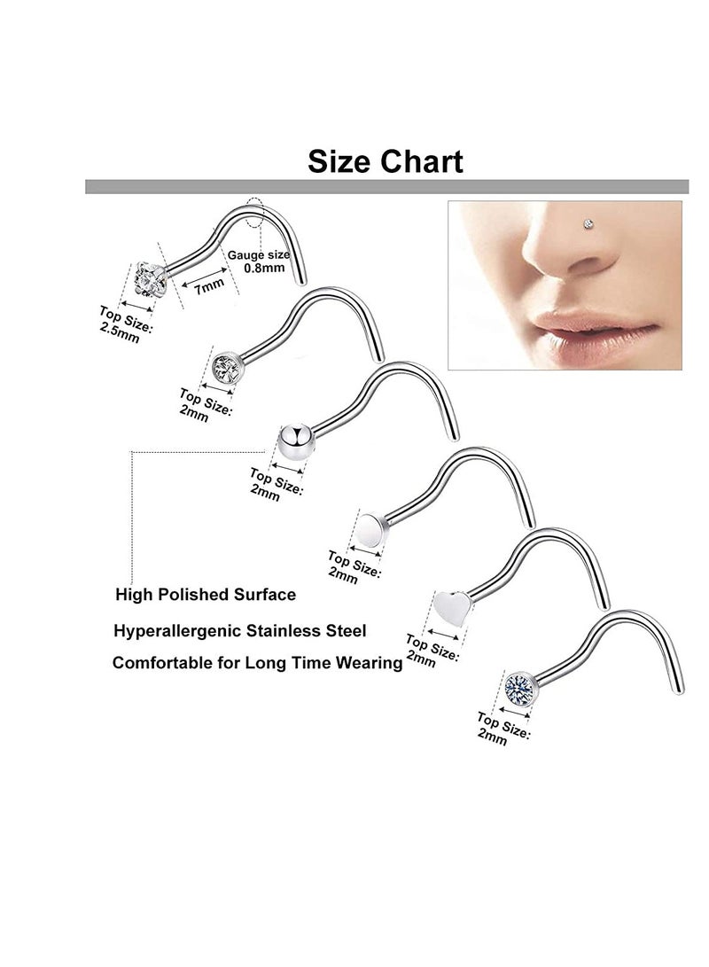 Excefore 36 PCS Nose Rings for Women Studs Hoop 20G Piercings Jewelry Screw Stainless Steel Bone Flat Top Diamond Opal Heart High Nostril Piercing Men(Silver)  - Image 3