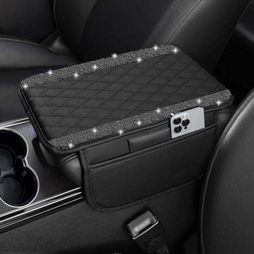 NBTEPEM Bling Car Center Console Cover Leather Car Arm Rest Cover Cushion with 2 Storage Bags Universal Automotive Armrest Protector Storage Box Bling Accessories Interior for Most Vehicles Black - Image 1