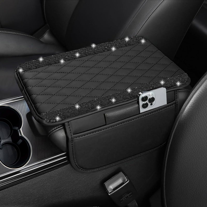 NBTEPEM Bling Car Center Console Cover Leather Car Arm Rest Cover Cushion with 2 Storage Bags Universal Automotive Armrest Protector Storage Box Bling Accessories Interior for Most Vehicles Black - Image 2