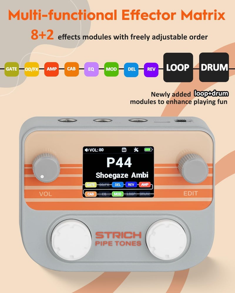 STRICH Pipe Tones Pocket Multi-Effects Processor for Guitar and Bass with 10 Effect Modules 125 Effects 40s Looper 100 Drum Patterns USB Audio Interface Wireless Control (Gray) - Image 2