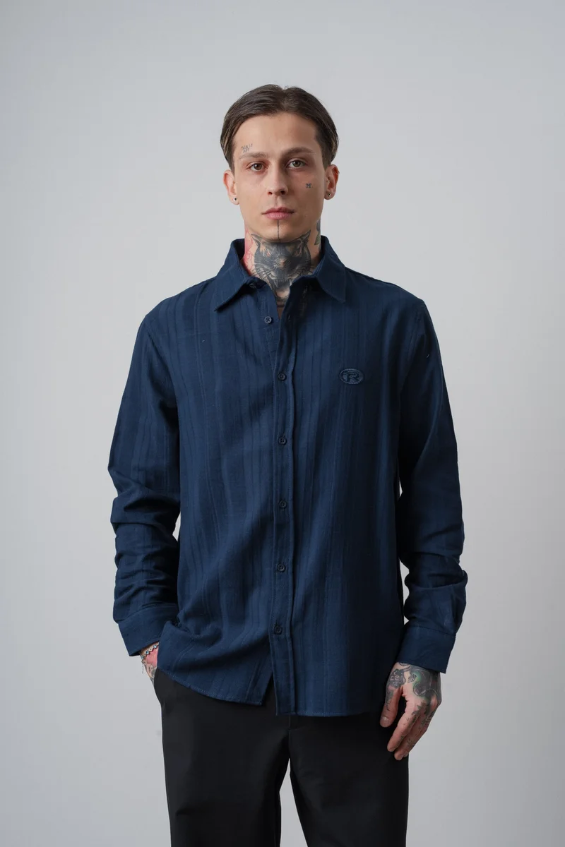 RESPIRE Men's Embroidered Long-Sleeve Muslin Oversize Shirt, Navy Blue