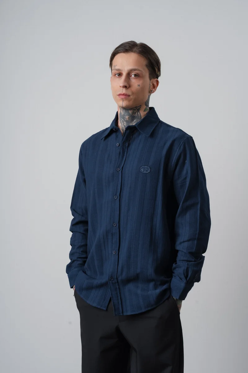 RESPIRE Men's Embroidered Long-Sleeve Muslin Oversize Shirt, Navy Blue