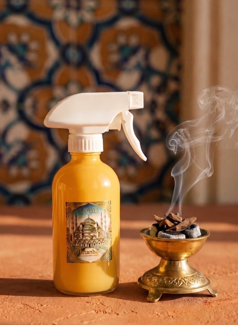 KAMAYA Skyline Collection  Room spray 200 ml  with decal of Istanbul skyline on the beautiful glass jar with spray. Fragrance notes floral spicy and amber with lemon, jasmine, rose vanilla. Perfect for gifting .Beautiful box with gift card inside - Image 1