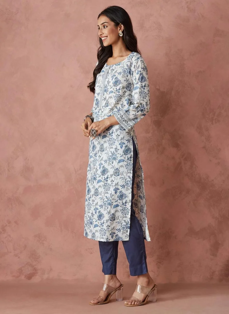 فاب انديا Avni White Cotton Regular Fit Pant & Kurta Set