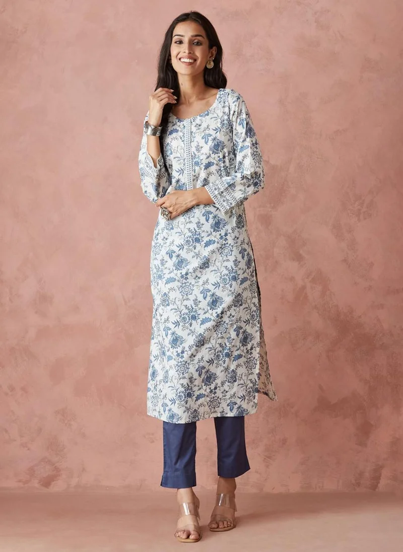 فاب انديا Avni White Cotton Regular Fit Pant & Kurta Set