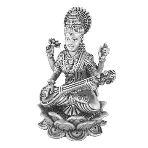 PRD CARATCAFE Silver 925 Maa Saraswati Idol – Divine Goddess Murti for Pooja & Décor. Hallmark Solid Silver Statue of MATA for Home, Office & Gift. (22 to 25 GMS). Antique Finish (1.5 x 0.8 Inch) - Image 2