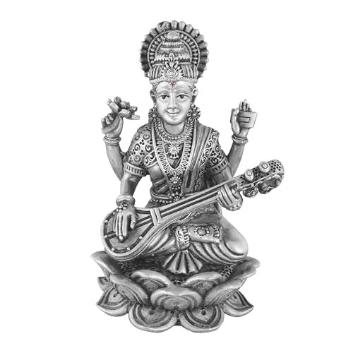 PRD CARATCAFE Silver 925 Maa Saraswati Idol – Divine Goddess Murti for Pooja & Décor. Hallmark Solid Silver Statue of MATA for Home, Office & Gift. (22 to 25 GMS). Antique Finish (1.5 x 0.8 Inch) - Image 1
