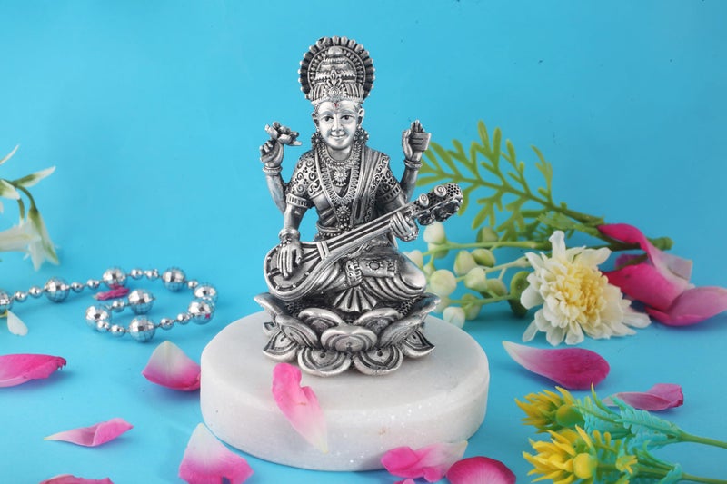 PRD CARATCAFE Silver 925 Maa Saraswati Idol – Divine Goddess Murti for Pooja & Décor. Hallmark Solid Silver Statue of MATA for Home, Office & Gift. (22 to 25 GMS). Antique Finish (1.5 x 0.8 Inch) - Image 5