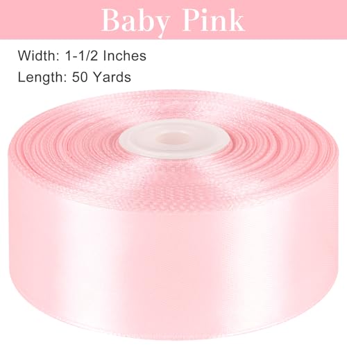 CLUEWR 1-1/2 Inches 50 Yards Baby Pink Satin Ribbon, Solid Fabric Ribbon Roll for Flower Bouquets, Gift Wrapping, Wedding, Handmade Crafts - Image 2