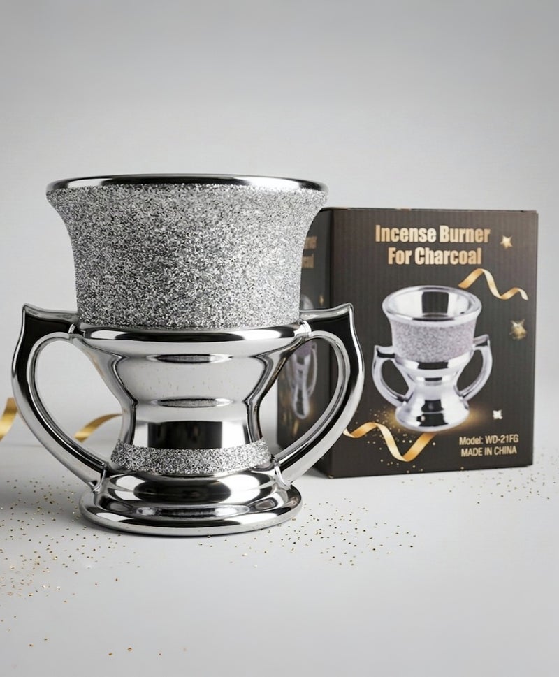 Silver Glitter Incense Burner for Charcoal and Bakhoor | Premium Metallic Arabian Mabkhara with Dual Handles - WD-21FG- Silver - Image 2