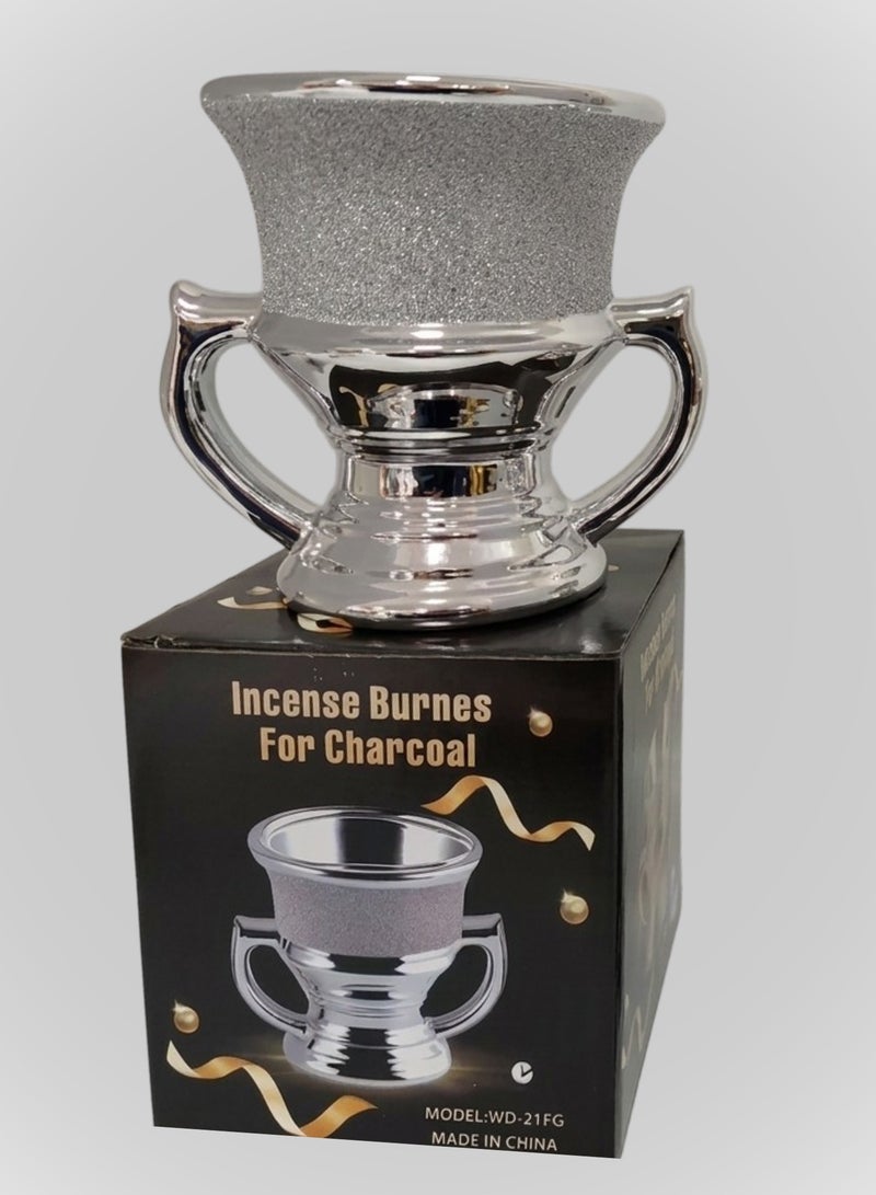 Silver Glitter Incense Burner for Charcoal and Bakhoor | Premium Metallic Arabian Mabkhara with Dual Handles - WD-21FG- Silver - Image 3