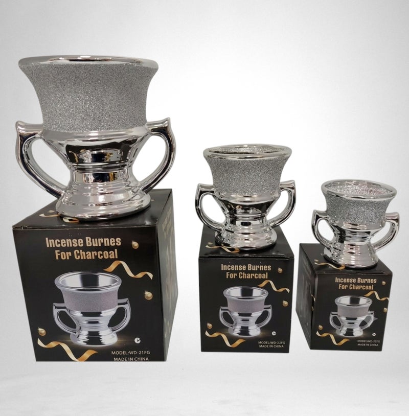 Silver Glitter Incense Burner for Charcoal and Bakhoor | Premium Metallic Arabian Mabkhara with Dual Handles - WD-21FG- Silver - Image 4