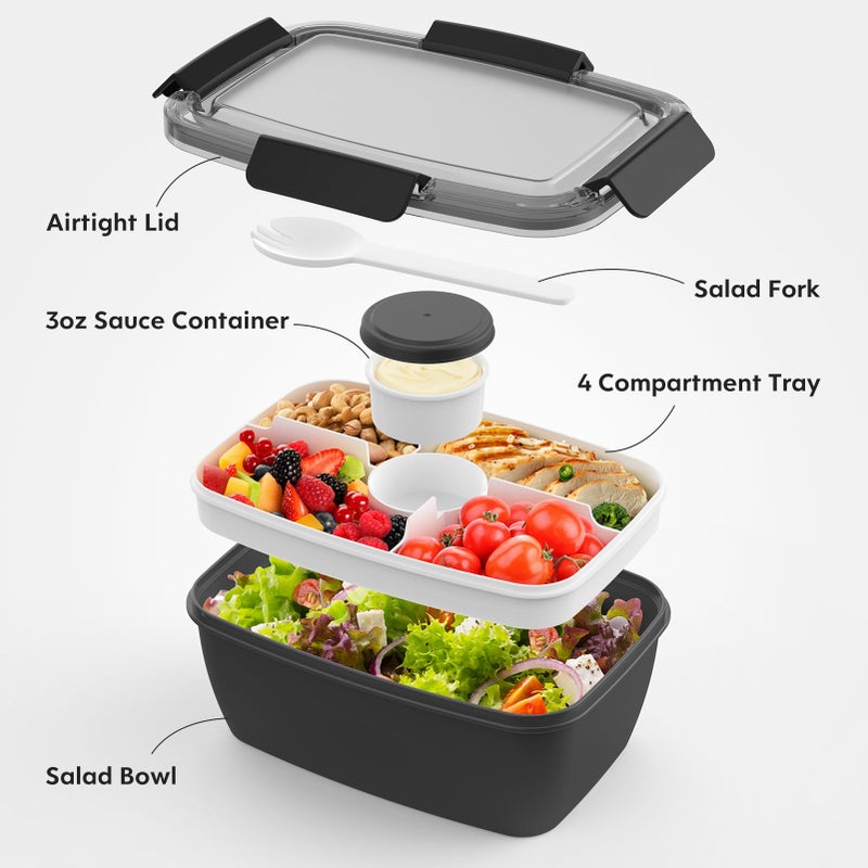 Cherrysea 2Pack Salad Lunch Container, 68oz Salad Bowls with 4 Compartments Tray,Leak Proof Lunch Box with Fork for Men,Women BPA-Free Snack Container with Sauce Container for Dressings - Black - Image 2