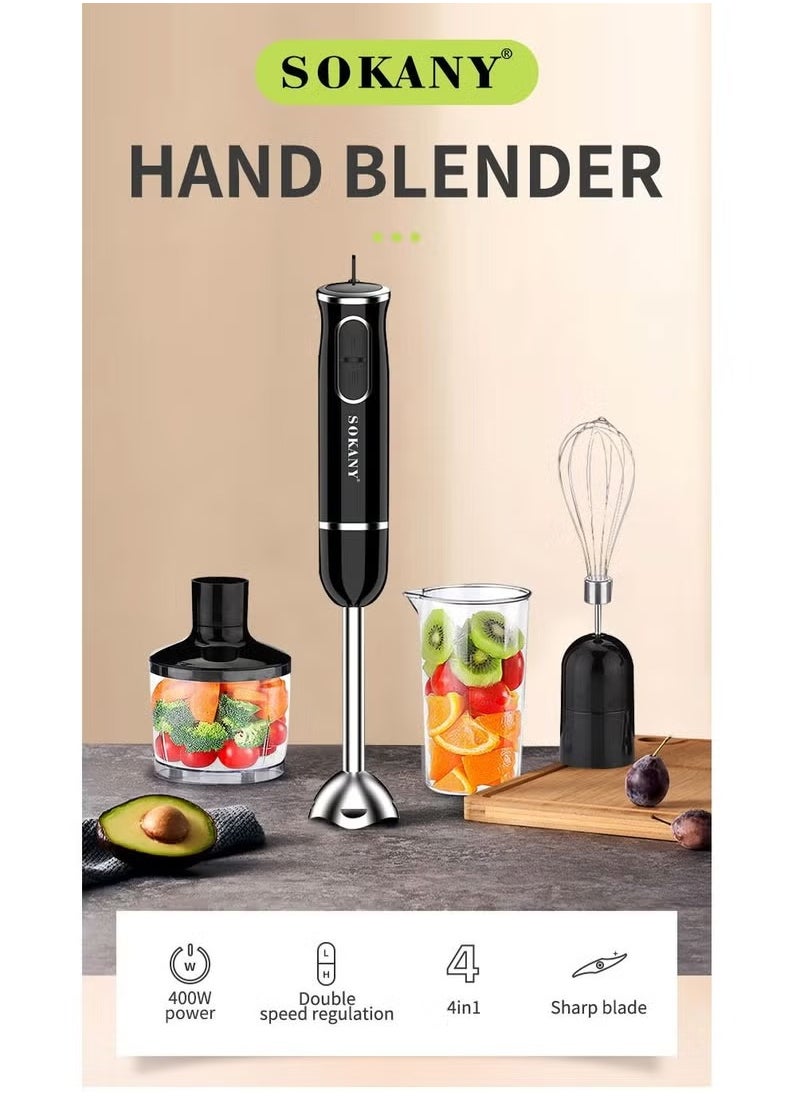 sokany - 4 in 1 Powerful Multifunction Hand Blender with Chopper and Whisk, 400w Manual Multi Purpose Stainless Steel Stick Food Processor, Electric Chopper, Sk-1721-4 (Black) - Image 1