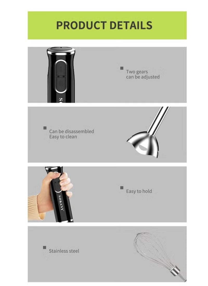sokany - 4 in 1 Powerful Multifunction Hand Blender with Chopper and Whisk, 400w Manual Multi Purpose Stainless Steel Stick Food Processor, Electric Chopper, Sk-1721-4 (Black) - Image 1