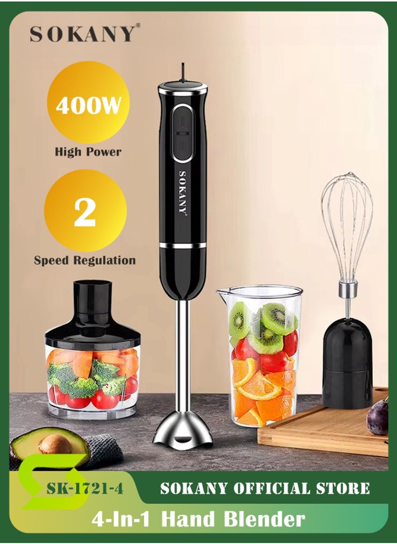 sokany - 4 in 1 Powerful Multifunction Hand Blender with Chopper and Whisk, 400w Manual Multi Purpose Stainless Steel Stick Food Processor, Electric Chopper, Sk-1721-4 (Black) - Image 1