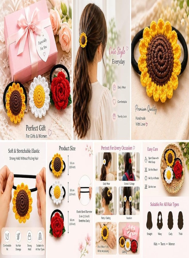 Craftelio Handmade Crochet Flower Hair Tie Combo for Women & Girls | Sunflower, Daisy & Rose Hair Bands | Aesthetic Floral Rubber Bands Ponytail Holder Hair Accessories - Image 2