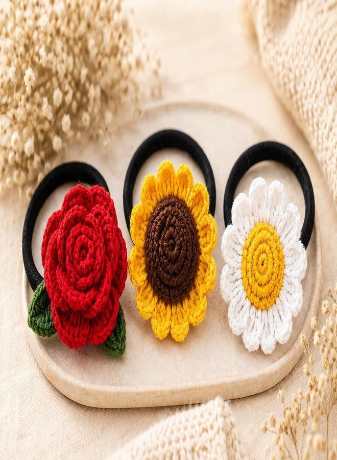 Craftelio Handmade Crochet Flower Hair Tie Combo for Women & Girls | Sunflower, Daisy & Rose Hair Bands | Aesthetic Floral Rubber Bands Ponytail Holder Hair Accessories - Image 1