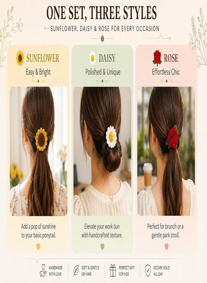 Craftelio Handmade Crochet Flower Hair Tie Combo for Women & Girls | Sunflower, Daisy & Rose Hair Bands | Aesthetic Floral Rubber Bands Ponytail Holder Hair Accessories - Image 3