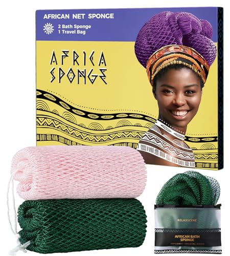 RelaxScene Afro Scrubber African Net Sponge - 2 Pieces Authentic African Wash Cloths - Exfoliating Body Sponges for Showering Forest & BabyPink - Back Scrub Exfoliator Shower Loofah for Body Bath Accessories - Image 1