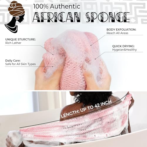 RelaxScene Afro Scrubber African Net Sponge - 2 Pieces Authentic African Wash Cloths - Exfoliating Body Sponges for Showering Forest & BabyPink - Back Scrub Exfoliator Shower Loofah for Body Bath Accessories - Image 2