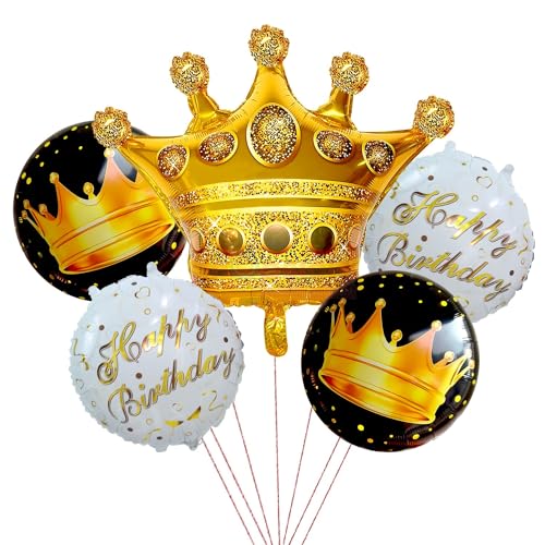 Propsicle Golden Crown Foil Balloon Set of 5 for Birthday Decoration, Includes 1 Crown with 2 Black and 2 White Round Foil Balloons, Prince Princess Theme for Kids and Adults Celebration Backdrop - Image 1