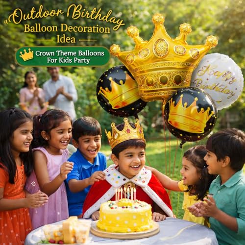 Propsicle Golden Crown Foil Balloon Set of 5 for Birthday Decoration, Includes 1 Crown with 2 Black and 2 White Round Foil Balloons, Prince Princess Theme for Kids and Adults Celebration Backdrop - Image 5