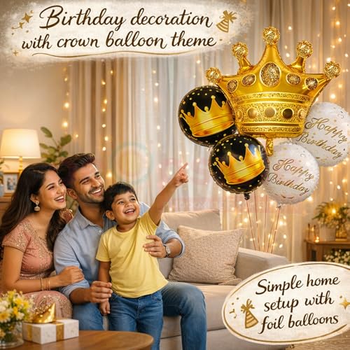 Propsicle Golden Crown Foil Balloon Set of 5 for Birthday Decoration, Includes 1 Crown with 2 Black and 2 White Round Foil Balloons, Prince Princess Theme for Kids and Adults Celebration Backdrop - Image 4