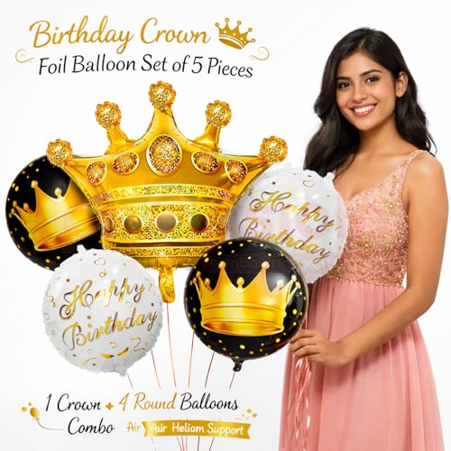Propsicle Golden Crown Foil Balloon Set of 5 for Birthday Decoration, Includes 1 Crown with 2 Black and 2 White Round Foil Balloons, Prince Princess Theme for Kids and Adults Celebration Backdrop - Image 2