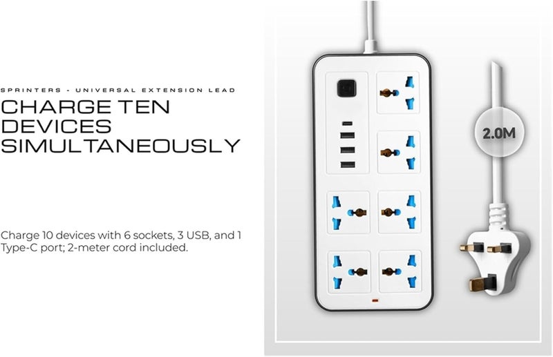 سبرينترز سبريترز - مقبس تمديد عالمي | سلك بطول 2 متر | 6 منافذ تيار متردد | 3 منافذ USB | منفذ USB-C واحد | قابس بريطاني 3 أسنان | شريط حماية من زيادة التيار للمنزل والمكتب والإلكترونيات (أبيض) - Image 5