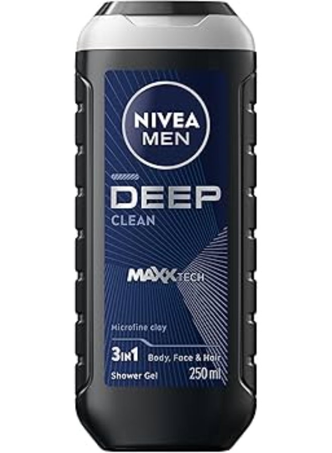 NIVEA MEN Deep Shower Gel 3in1, Body Wash with Micro-Fine Clay & Woody Scent, For Body, Face & Hair 250ml - Image 1
