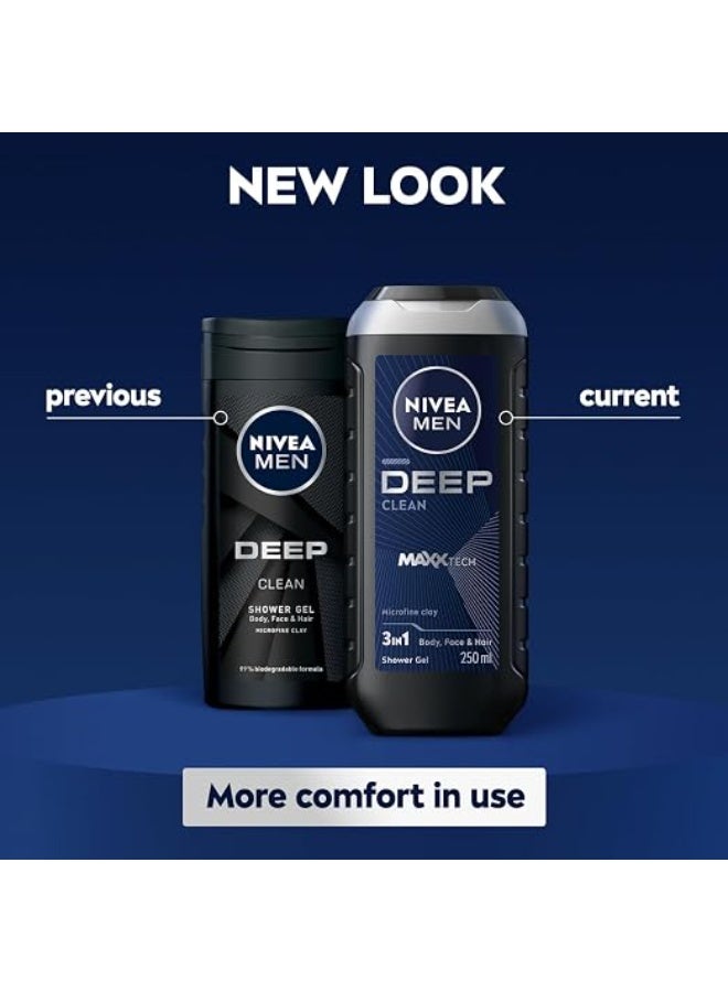 NIVEA MEN Deep Shower Gel 3in1, Body Wash with Micro-Fine Clay & Woody Scent, For Body, Face & Hair 250ml - Image 2
