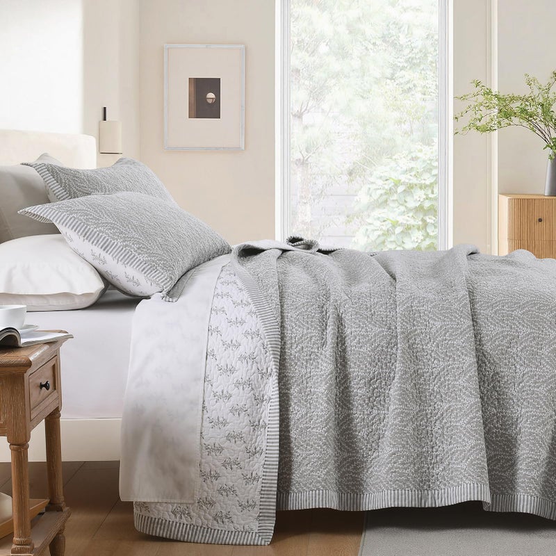 SahSahCasa Quilt Set Queen Size, 100% Cotton Quilt Bedding Set Bedspread, Botanical Pattern Solid Color Chic Lightweight Quilted Comforter for Queen Bed, White/Gray, All Season, 3 Pieces - Image 2