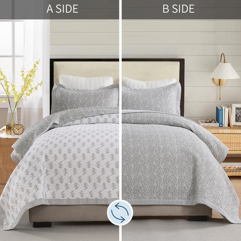 SahSahCasa Quilt Set Queen Size, 100% Cotton Quilt Bedding Set Bedspread, Botanical Pattern Solid Color Chic Lightweight Quilted Comforter for Queen Bed, White/Gray, All Season, 3 Pieces - Image 4