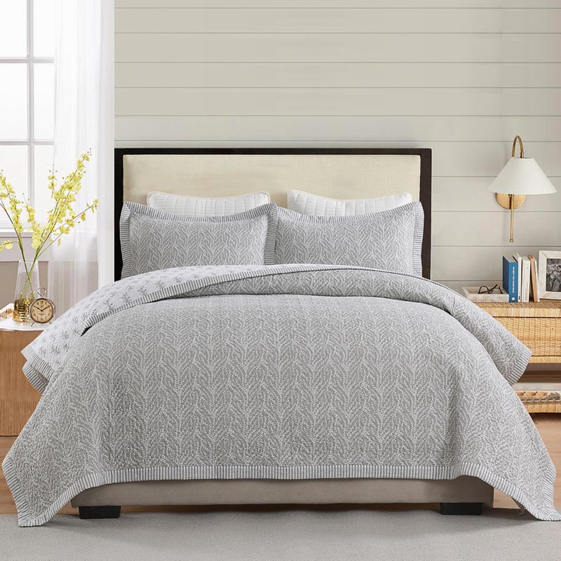SahSahCasa Quilt Set Queen Size, 100% Cotton Quilt Bedding Set Bedspread, Botanical Pattern Solid Color Chic Lightweight Quilted Comforter for Queen Bed, White/Gray, All Season, 3 Pieces - Image 3