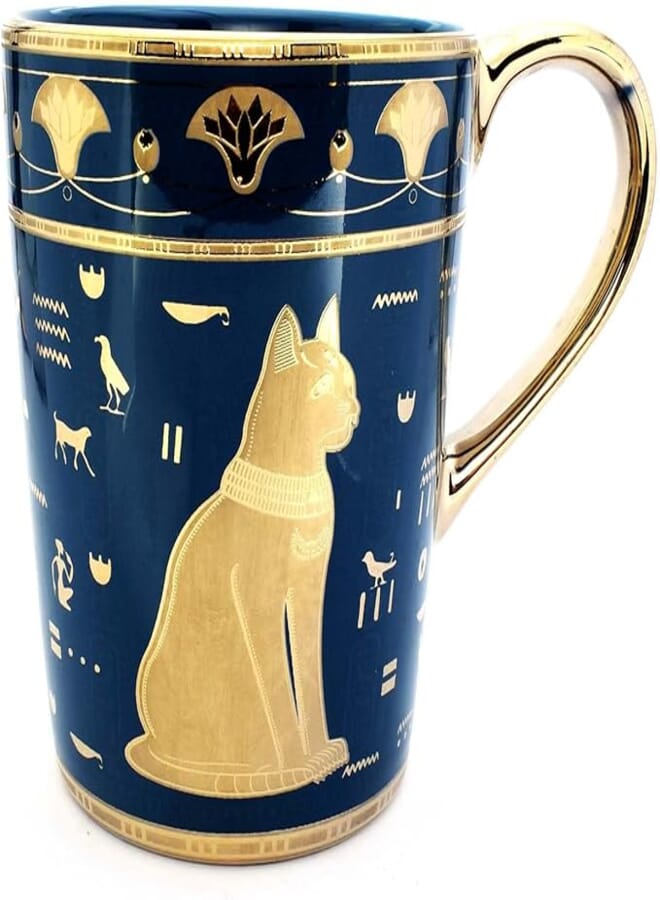 immatgar pharaonic tea mug ancient Egyptian souvenirs gifts for women men from Egypt (bastet - Gold - Blue)