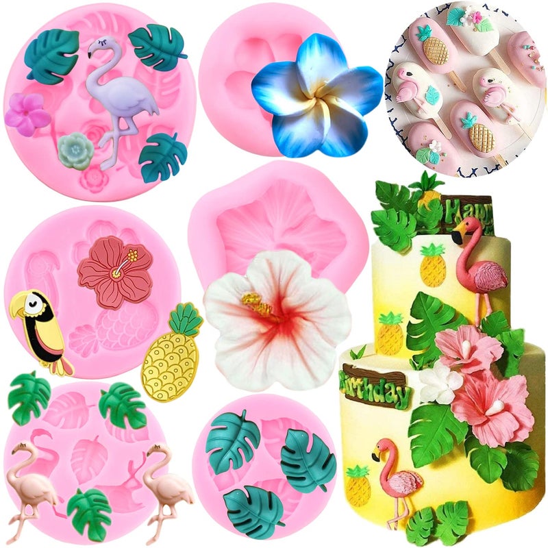 ZiXiang Flamingo Tropical Leaf Silicone Mold Plumeria Hibiscus Flower Fondant Molds Birds Pineapple Chocolate Molds For Cupcake Cake Topper Decorating Candy Gum Paste Set Of 6
