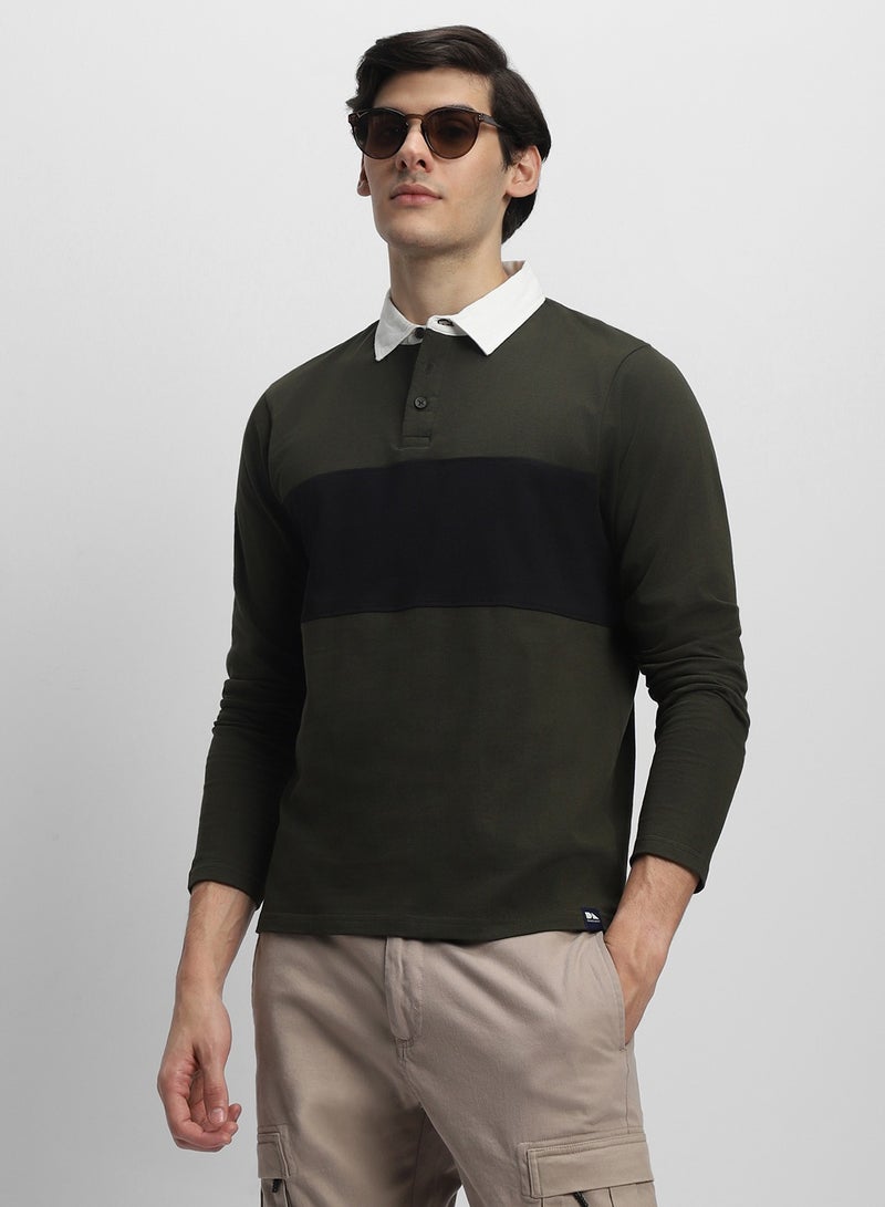 Dennis Lingo Men's Olive 100% Cotton Colourblocked Slim Fit T-Shirt  - Image 5