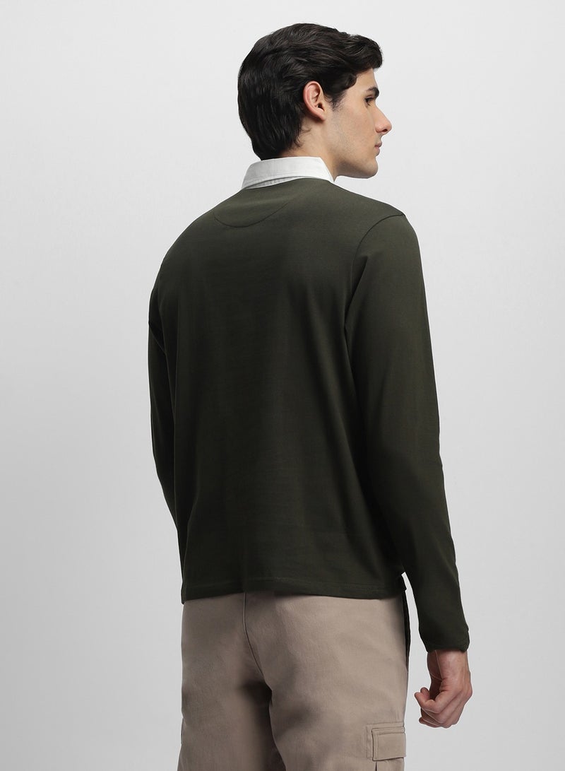 Dennis Lingo Men's Olive 100% Cotton Colourblocked Slim Fit T-Shirt  - Image 3