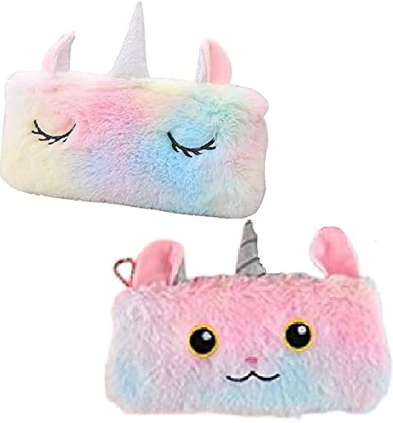 JIADA Cotton Unicorn Horn Ear Fur Pencil Pouch for Girls Student to Store Pen Pencil Eraser | Storage Bag for Make Up | Soft Cute Travel Pouch (Pack of 1), Multicolor - Image 2