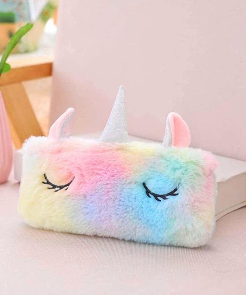 JIADA Cotton Unicorn Horn Ear Fur Pencil Pouch for Girls Student to Store Pen Pencil Eraser | Storage Bag for Make Up | Soft Cute Travel Pouch (Pack of 1), Multicolor - Image 1