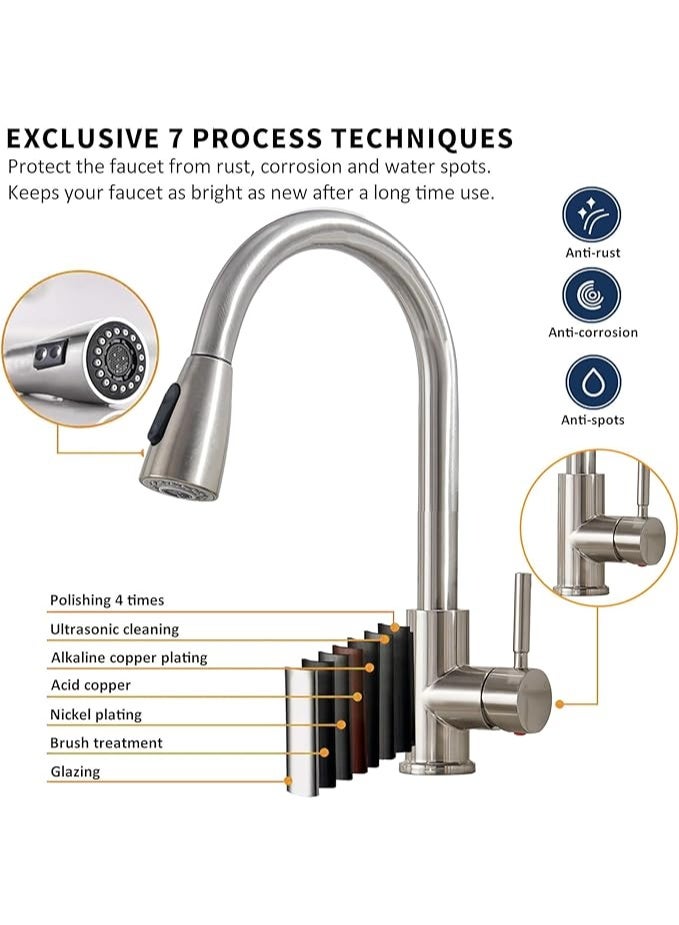 DUNISO Kitchen Faucet with Pull Down Sprayer，360° Rotating Kitchen Faucet with 2 Sprayer Modes，Stainless Steel Utility Faucet，Water Saving，Sturdy and Durable，for Kitchen Sink - Image 4