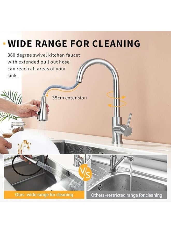 DUNISO Kitchen Faucet with Pull Down Sprayer，360° Rotating Kitchen Faucet with 2 Sprayer Modes，Stainless Steel Utility Faucet，Water Saving，Sturdy and Durable，for Kitchen Sink - Image 2