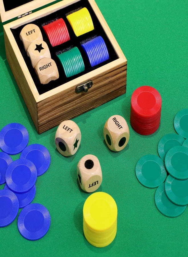 Pagather Fun Left Right Roll Dice Game Set, Include 3 1-inch Wooden Dices 48 Pcs Chips in Wooden Box, Easy to Store and Carry Around for Travel(Wood) - Image 3
