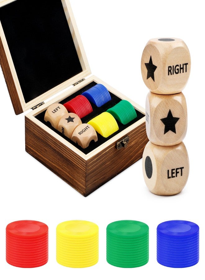 Pagather Fun Left Right Roll Dice Game Set, Include 3 1-inch Wooden Dices 48 Pcs Chips in Wooden Box, Easy to Store and Carry Around for Travel(Wood) - Image 1