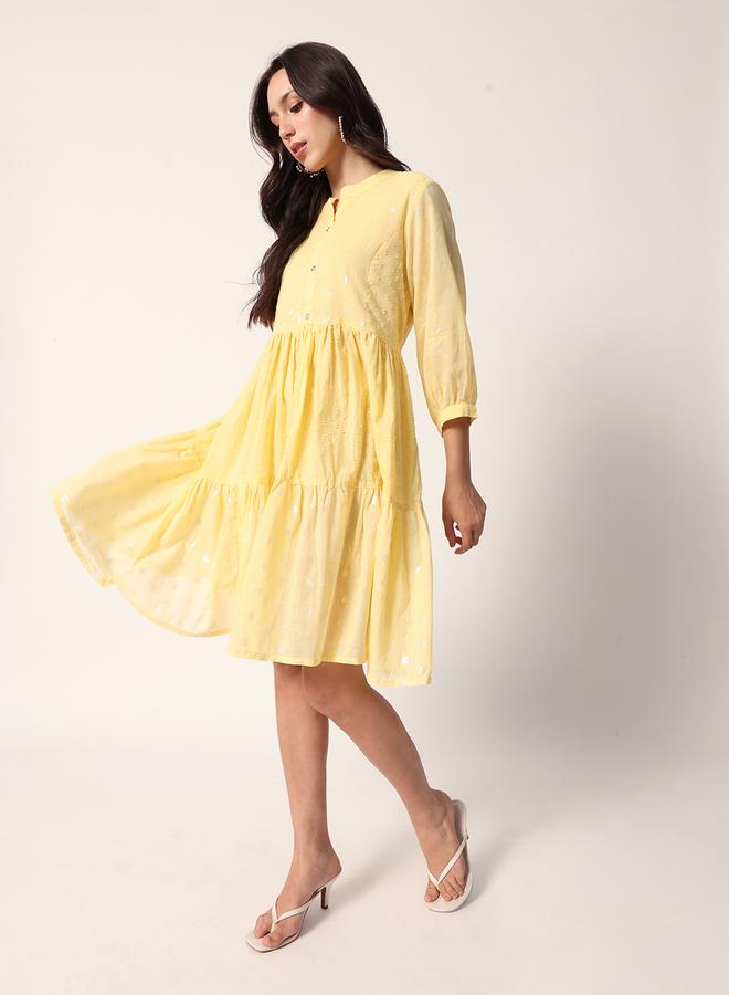ISHIN Women's Yellow Cotton Textured Mini Smock Regular Fit Dress - Image 3