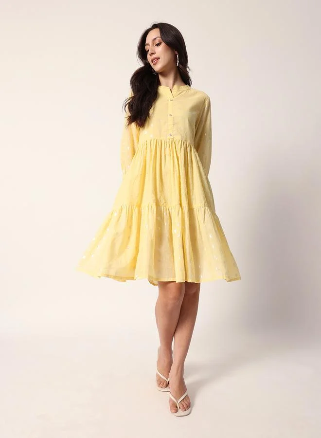 ISHIN Women's Yellow Cotton Textured Mini Smock Regular Fit Dress