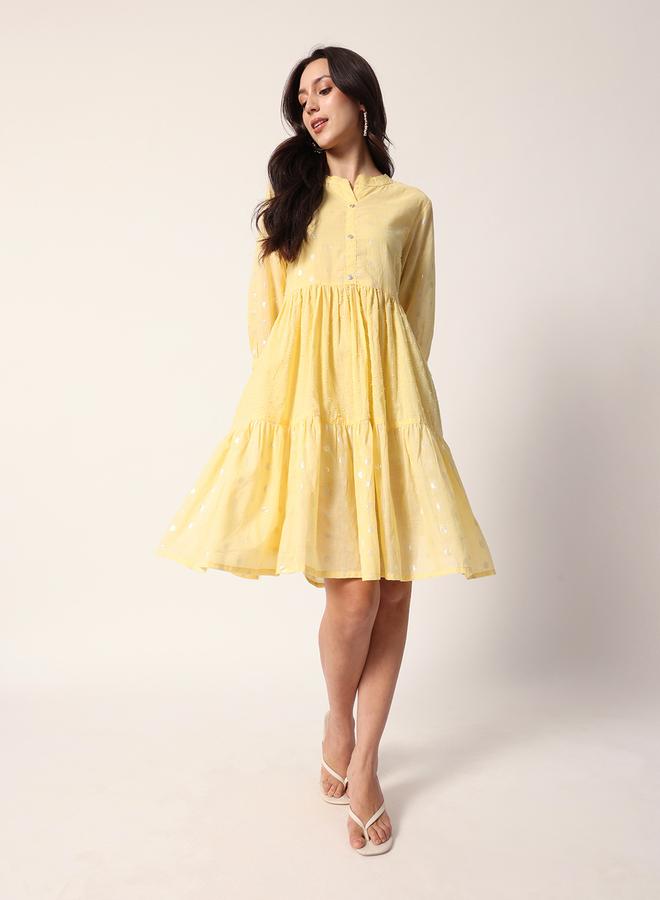 ISHIN Women's Yellow Cotton Textured Mini Smock Regular Fit Dress - Image 1