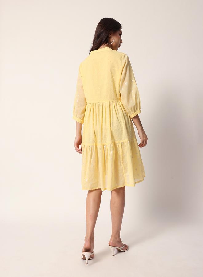 ISHIN Women's Yellow Cotton Textured Mini Smock Regular Fit Dress - Image 5