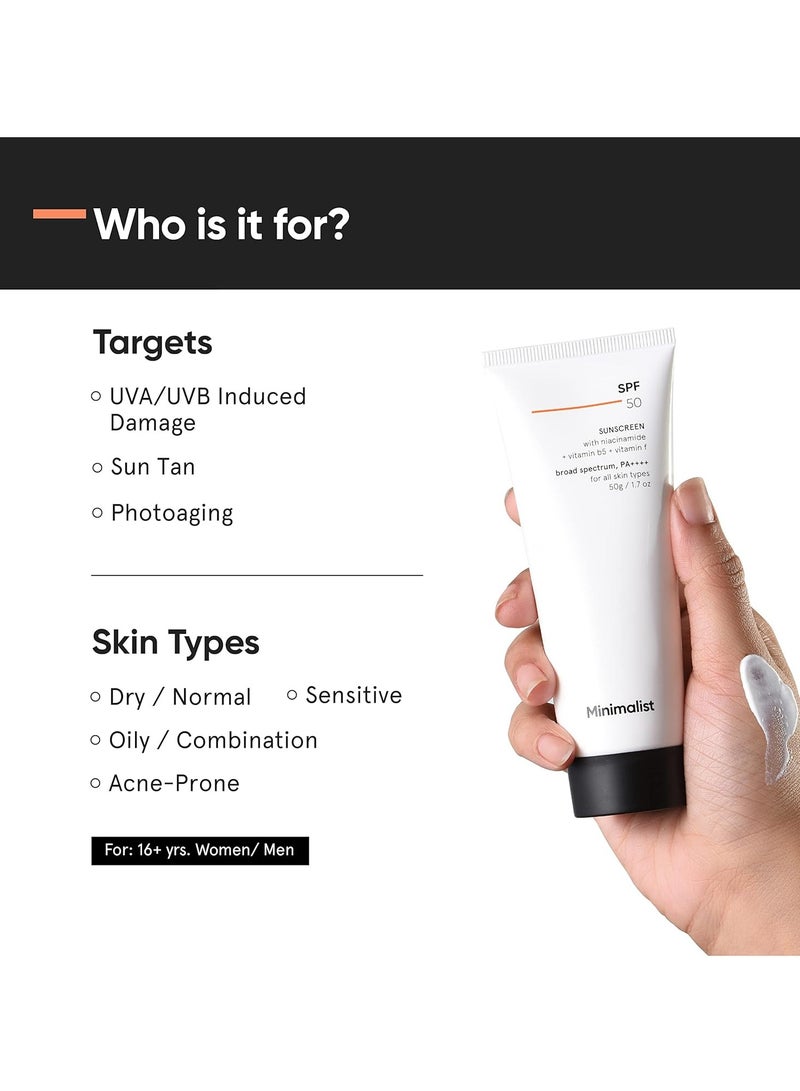 Minimalist Sunscreen SPF 50 PA++++ | Clinically Tested in US (In-Vivo) | Lightweight Cream with Multi-Vitamins | No White Cast | Broad Spectrum Niacinamide Sunscreen For Oily Skin, Dry Skin | For Women & Men | 50g (Pack of 1) - Image 2